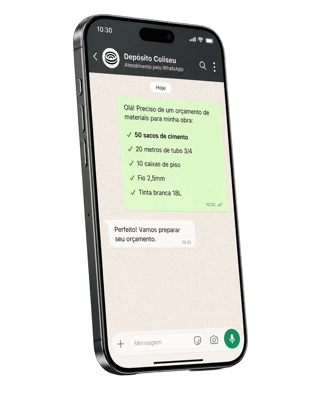 Mockup de atendimento por WhatsApp do Depósito Coliseu